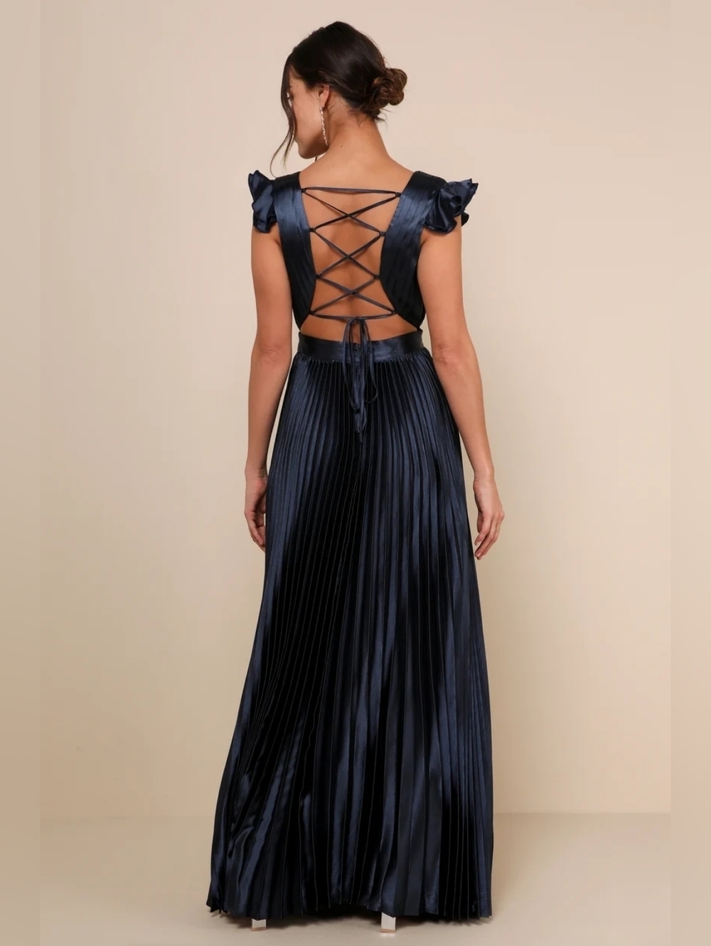 Lulus Exceptional Drama Navy Blue Satin Lace-Up Pleated Maxi Dress S Wedding - Picture 5 of 10